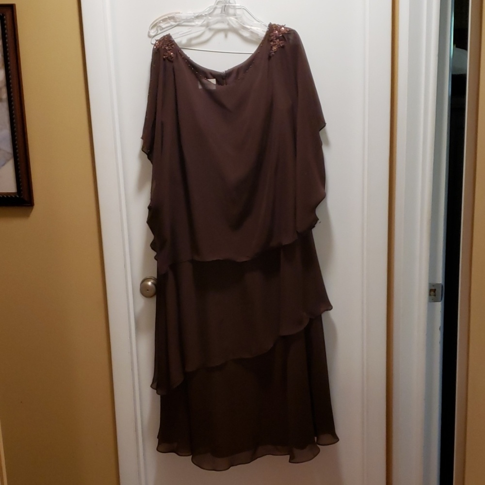 Brown sleeveless dress -attached Cape - beading
